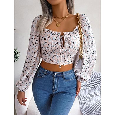 Women's Ditsy Floral Off The Shoulder Crop Top Lantern Sleeve Tie Front Blouse Tops