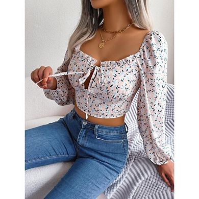 Women's Ditsy Floral Off The Shoulder Crop Top Lantern Sleeve Tie Front Blouse Tops