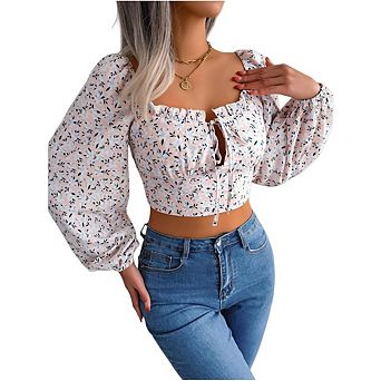 Women's Ditsy Floral Off The Shoulder Crop Top Lantern Sleeve Tie Front Blouse Tops