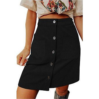 Womens Corduroy Skirts High Waisted Button Down A-line Short Mini Skirt with Pockets