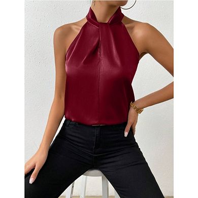 Womens Elegant Twist Front Halter Sleeveless Satin Blouse Keyhole Back Tank Top