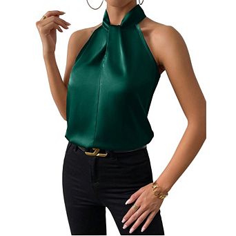 Womens Elegant Twist Front Halter Sleeveless Satin Blouse Keyhole Back Tank Top