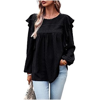 Women's Casual Tops Crewneck Lace Crochet Flowy Ruffle Shoulder Long Sleeve Blouses Shirts