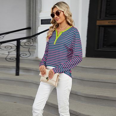 Womens Tops Long Sleeve Henley Striped Button Down Shirts