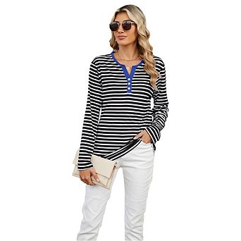 Womens Tops Long Sleeve Henley Striped Button Down Shirts