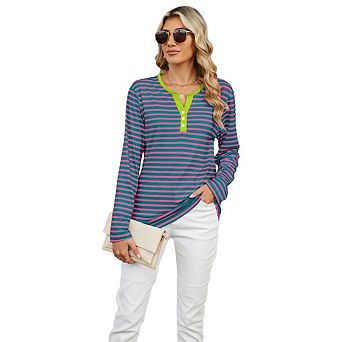 Womens Tops Long Sleeve Henley Striped Button Down Shirts