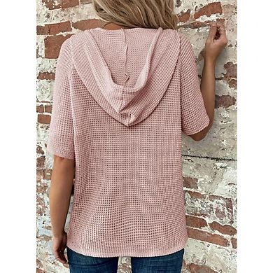 Womens Tops Waffle Knit Short Sleeve Drawstring Hoodies Button V Neck Casual Blouses Shirts