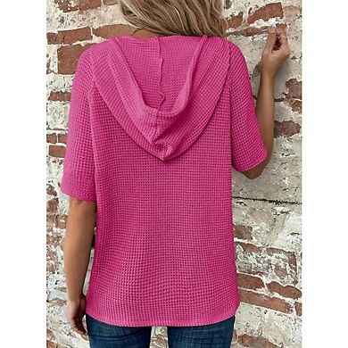 Womens Tops Waffle Knit Short Sleeve Drawstring Hoodies Button V Neck Casual Blouses Shirts