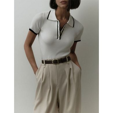 Women Short-Sleeved Lapel top Tight-Fitting Contrasting Colors Knitted Polo