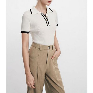 Women Short-Sleeved Lapel top Tight-Fitting Contrasting Colors Knitted Polo