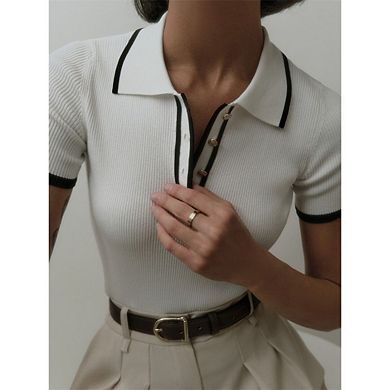 Women Short-Sleeved Lapel top Tight-Fitting Contrasting Colors Knitted Polo