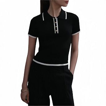 Women Short-Sleeved Lapel top Tight-Fitting Contrasting Colors Knitted Polo