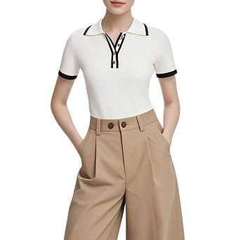 Women Short-Sleeved Lapel top Tight-Fitting Contrasting Colors Knitted Polo