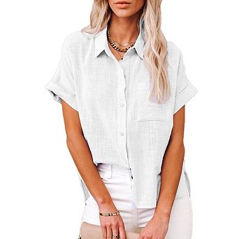 Womens Plus Size Casual Button Down Short Sleeve Shirts Solid Summer Beach Blouses Tops