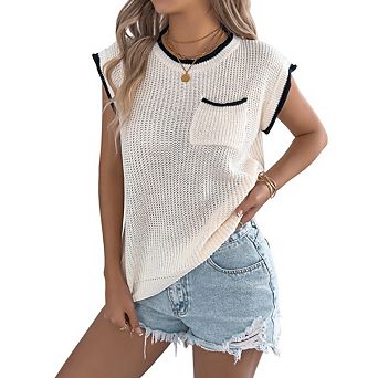Women's Short Sleeve T Shirts Crewneck Color Block Ribbed Knit Tee Blouses Trendy Tops