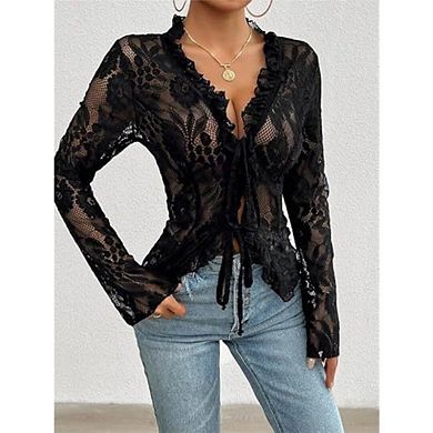 Women's Open Front Tie Long Sleeve Ruffle Trim Sheer Mesh Lace Crop Tops Blouses
