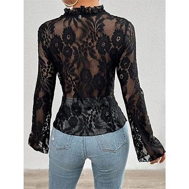 Women's Open Front Tie Long Sleeve Ruffle Trim Sheer Mesh Lace Crop Tops Blouses