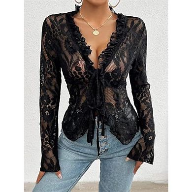 Women's Open Front Tie Long Sleeve Ruffle Trim Sheer Mesh Lace Crop Tops Blouses