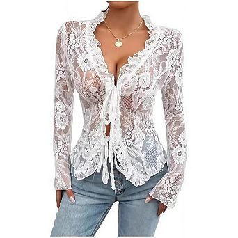 Women's Open Front Tie Long Sleeve Ruffle Trim Sheer Mesh Lace Crop Tops Blouses