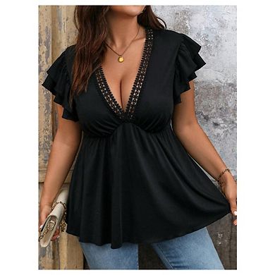 Women's Plus Size Deep V Neck T Shirts Short Sleeve Tunic Tops Ruffle Flowy Tees