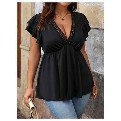 Women's Plus Size Deep V Neck T Shirts Short Sleeve Tunic Tops Ruffle Flowy Tees
