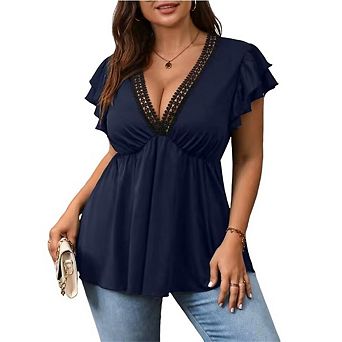 Women's Plus Size Deep V Neck T Shirts Short Sleeve Tunic Tops Ruffle Flowy Tees