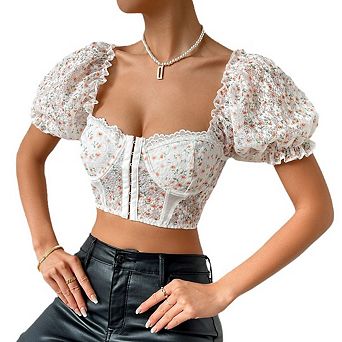 Women's Floral Embroidered Puff Sleeve Tops Slim Fit Corset Crop Top Bustier Tank Top T-Shirts