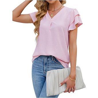 Womens Dressy Casual Shirts Short Sleeve V Neck Work Blouse Business Casual Tops