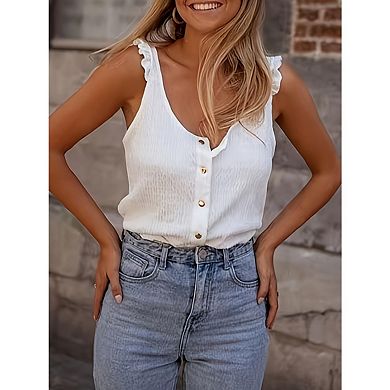 Women's Scoop Neck Button Up Tank Top Casual Solid Sleeveless T Shirt