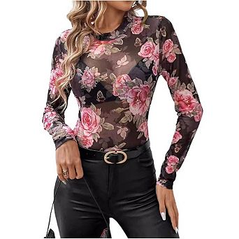 Women Floral Mesh Long Sleeve Tops Mock Neck See Through Fitted Going Out Top