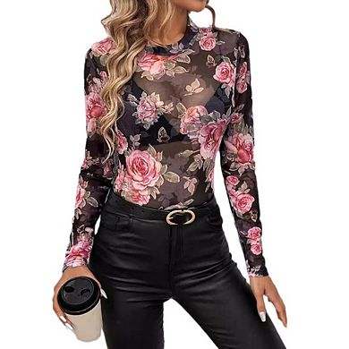 Women Floral Mesh Long Sleeve Tops Mock Neck See Through Fitted Going Out Top