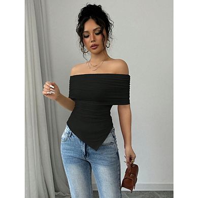Women's Off The Shoulder Short Sleeve Ruched Slim Fit Blouse