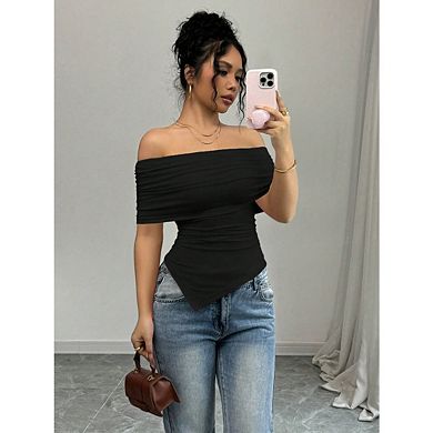 Women's Off The Shoulder Short Sleeve Ruched Slim Fit Blouse