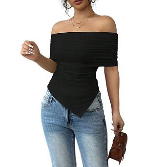 Women's Off The Shoulder Short Sleeve Ruched Slim Fit Blouse