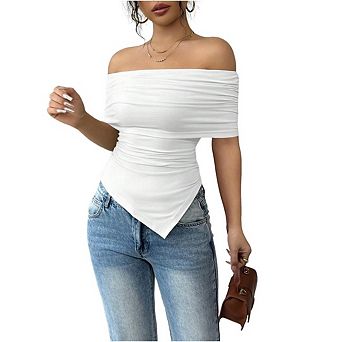 Women's Off The Shoulder Short Sleeve Ruched Slim Fit Blouse