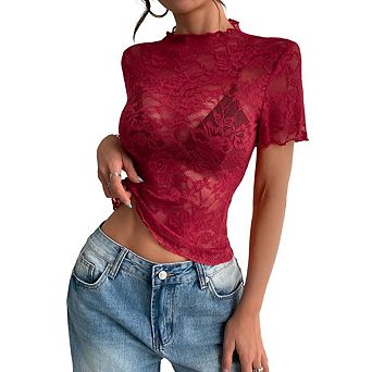 Women's Sheer Mesh Top Short Sleeve See Through Floral Lace Slim Fit Club T Shirt