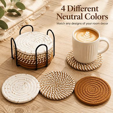 8 Pack Absorbent Cotton Linen Drink Coasters With Holder Home Decor