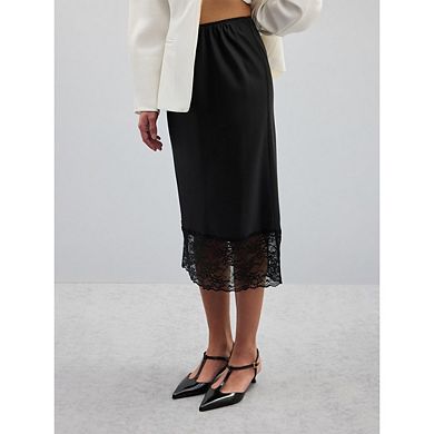Women Half Slip Long Skirts Lace Patchwork Elastic Waist Long Skirt Elegant A Line Midi Skirts