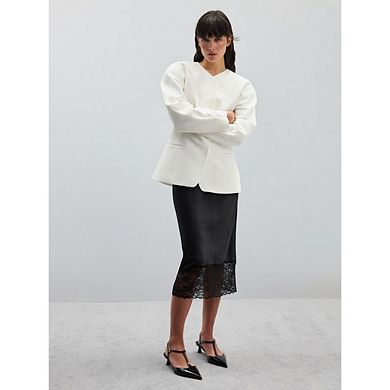 Women Half Slip Long Skirts Lace Patchwork Elastic Waist Long Skirt Elegant A Line Midi Skirts