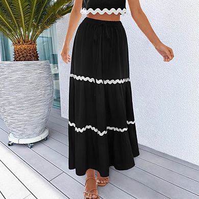 Womens Flowy Boho Maxi Skirts Elastic High Waist Wave Tiered A Line Long Beach Skirts