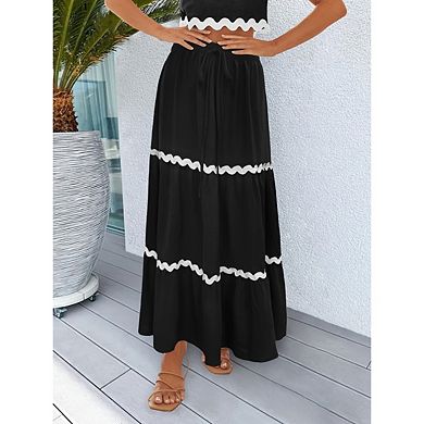 Womens Flowy Boho Maxi Skirts Elastic High Waist Wave Tiered A Line Long Beach Skirts