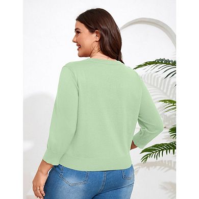 Women Plus Size Cardigan 3/4 Sleeve Crew Neck Bolero Button Down Sweaters Open Front Knit Shrugs