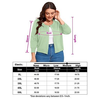 Women Plus Size Cardigan 3/4 Sleeve Crew Neck Bolero Button Down Sweaters Open Front Knit Shrugs