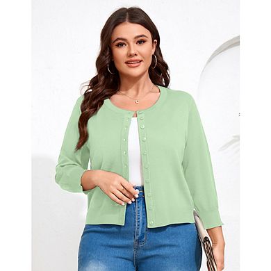 Women Plus Size Cardigan 3/4 Sleeve Crew Neck Bolero Button Down Sweaters Open Front Knit Shrugs