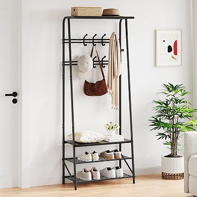 Coat Rack Shoe Bench with 5 Hooks, Hall Trees Entryway Bench with Storage