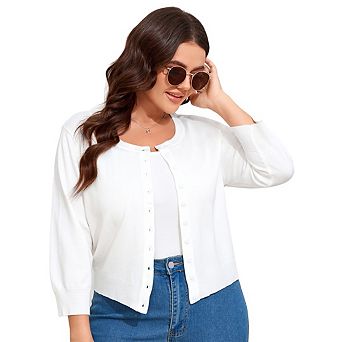 Women Plus Size Cardigan 3/4 Sleeve Crew Neck Bolero Button Down Sweaters Open Front Knit Shrugs