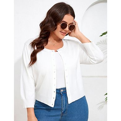 Women Plus Size Cardigan 3/4 Sleeve Crew Neck Bolero Button Down Sweaters Open Front Knit Shrugs