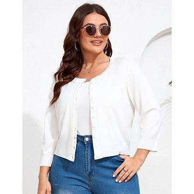 Women Plus Size Cardigan 3/4 Sleeve Crew Neck Bolero Button Down Sweaters Open Front Knit Shrugs