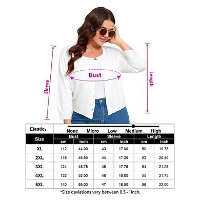 Women Plus Size Cardigan 3/4 Sleeve Crew Neck Bolero Button Down Sweaters Open Front Knit Shrugs