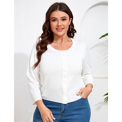 Women Plus Size Cardigan 3/4 Sleeve Crew Neck Bolero Button Down Sweaters Open Front Knit Shrugs